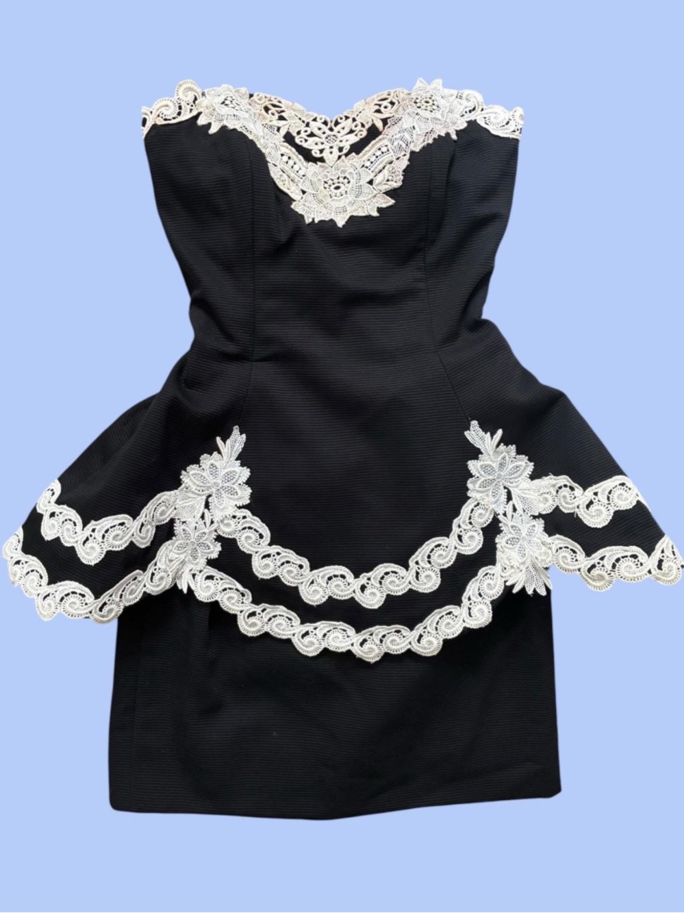80s Vintage Victor Costa Black Mini Dress with Lace & Dramatic Peplum